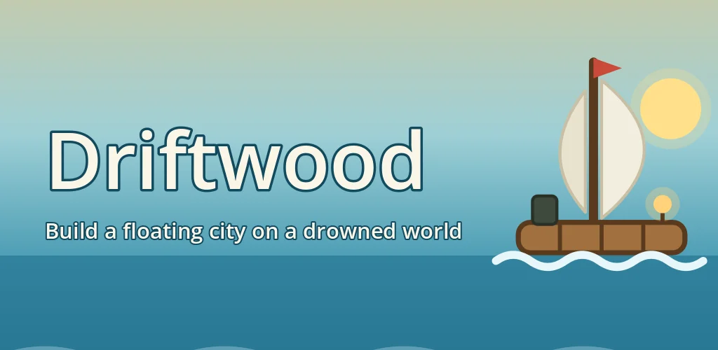 Driftwood: a little raft with a sail on a sunset sea.