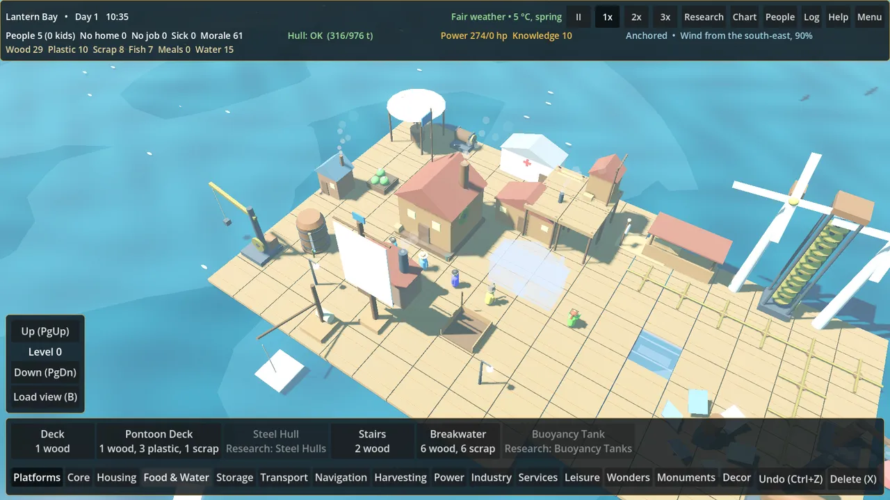 A small floating city of wooden decks with houses, a crane and wind turbines on a blue sea.